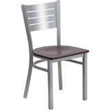 Offex Silver Slat Back Metal Restaurant Chair with Mahogany Wood Seat - N/A