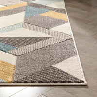 Otto Modern Geometric Boxes & Triangles Gold Blue Distressed  Rug