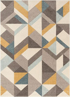 Otto Modern Geometric Boxes & Triangles Gold Blue Distressed  Rug