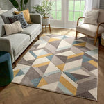 Otto Modern Geometric Boxes & Triangles Gold Blue Distressed  Rug