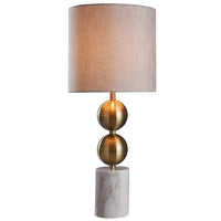 Racine Table Lamp - Brass Finish on Metal Body with Marble Base - Light Gray/Silver Fabric Shade