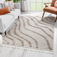 Contemporary Coastal Geometric Ivory High-Low Textured Soft Area Rug