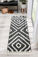 Moroccan Lattice Trellis Black High-Low Textured Soft Area Rug