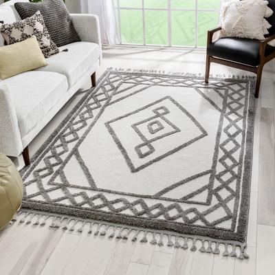 Tribal Trellis Diamond Pattern Ivory Grey High-Low Textured Soft Area Rug