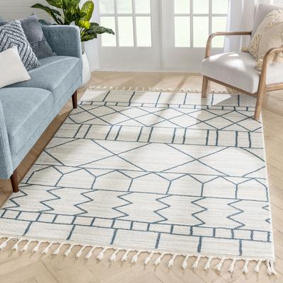 Nordic Tribal Geometric Pattern Ivory Blue Soft AreaRug