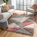 Geometric Triangle Pattern Shag Grey Blush 3D Textured Thick & Soft Shag Area Rug