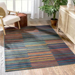 Tribal Stripes Geometric Pattern Blue Red Distressed Soft Area Rug