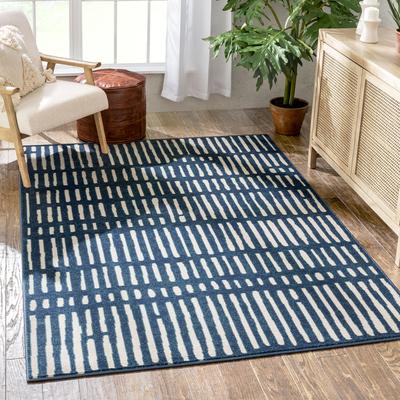Tribal Geometric Stripes Blue Distressed Area Soft Rug