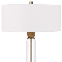 Table Lamp with Wood and Glass Accent Base, White and Brown