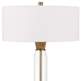 Table Lamp with Wood and Glass Accent Base, White and Brown