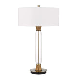 Table Lamp with Wood and Glass Accent Base, White and Brown