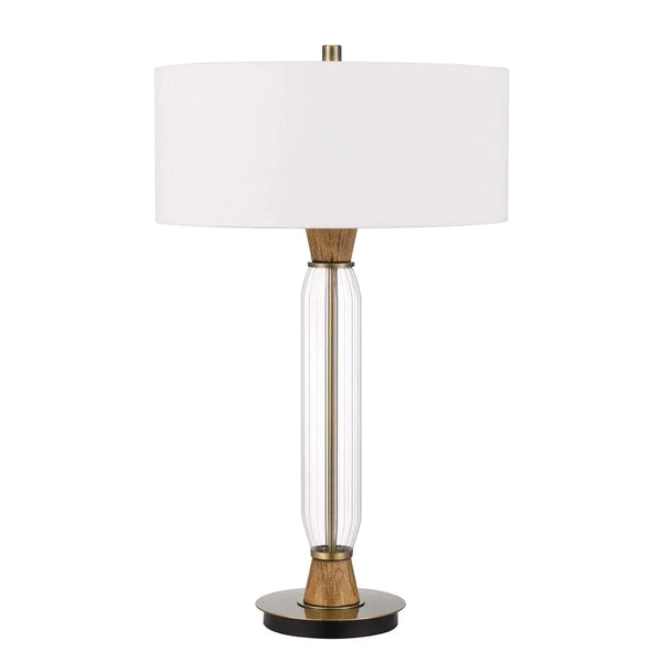 Table Lamp with Wood and Glass Accent Base, White and Brown