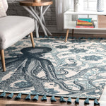 Handmade Cotton Wool Octopus Pattern Aqua Soft Area Rugs