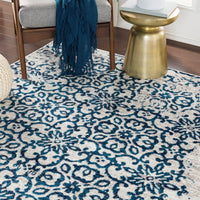 Distressed Damask Navy Blue White Area Rug