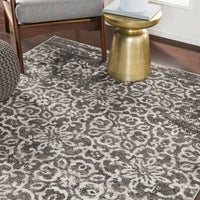 Damask Distressed Dark Grey Ivory Area Rug
