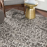 Damask Distressed Dark Grey Ivory Area Rug