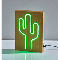 Wood Framed Neon LED Cactus Table or Wall Lamp