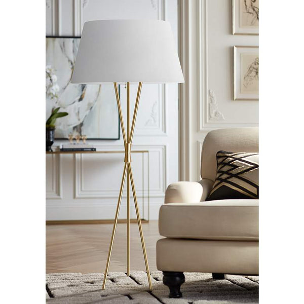 Gabriela Aged Brass Modern Tripod Floor Lamp with White Shade